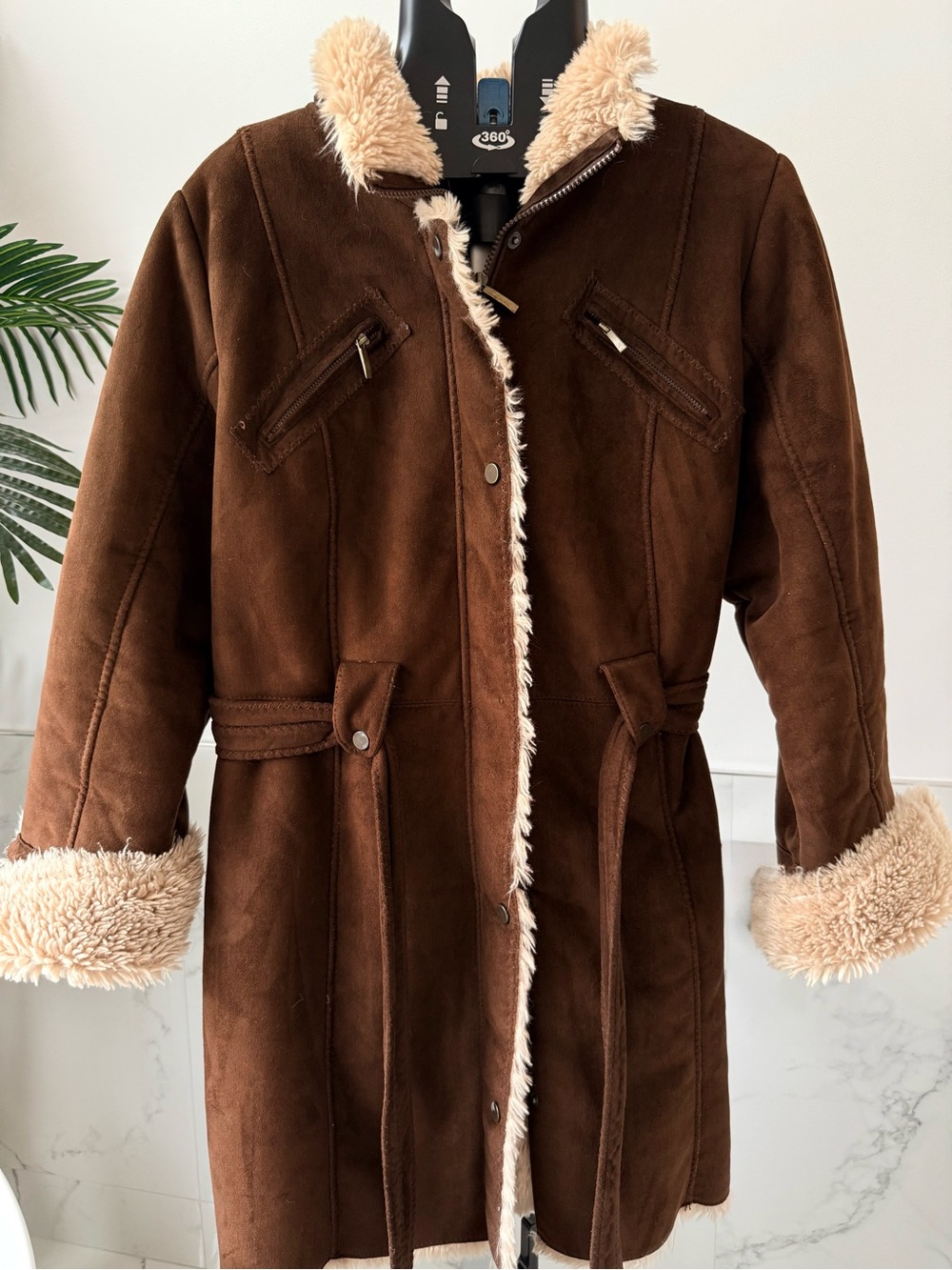 Lane Bryant Brown Faux Suede Sherpa Lined Coat Removable Fur Hood Plus 14/16